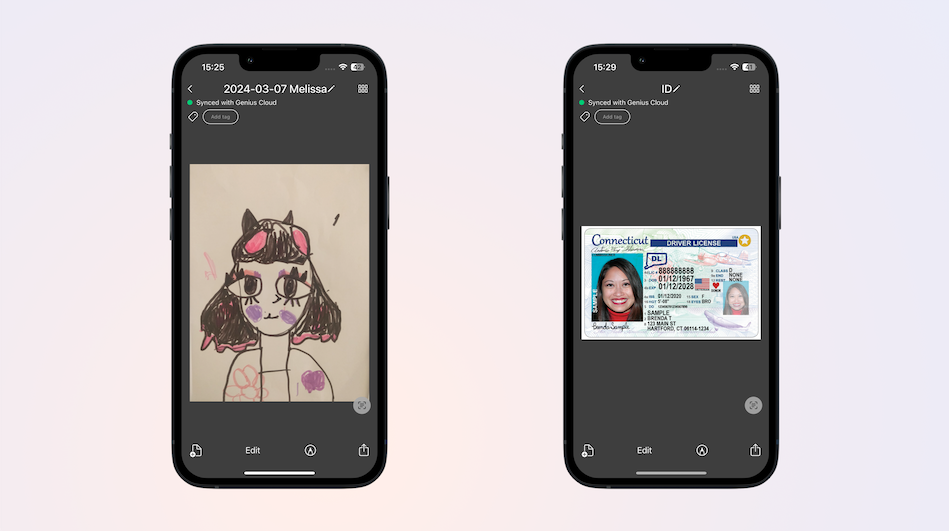 Two Genius Scan screens. One with a drawing of a child and the other one with an ID